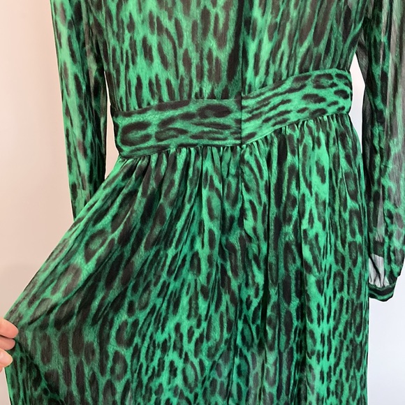 Michael Kors Green Black Animal Print Long Sleeve V Neck Midi Dress 16 - Picture 9 of 11